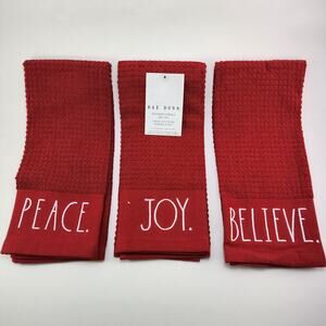 3 Rae Dunn Christmas Red Kitchen Towel Embroidered Peace Joy Believe 100% Cotton